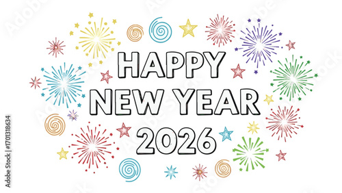 Festive "Happy New Year 2026" text surrounded by colorful, stylized fireworks and swirling graphic elements, celebrating the upcoming year.