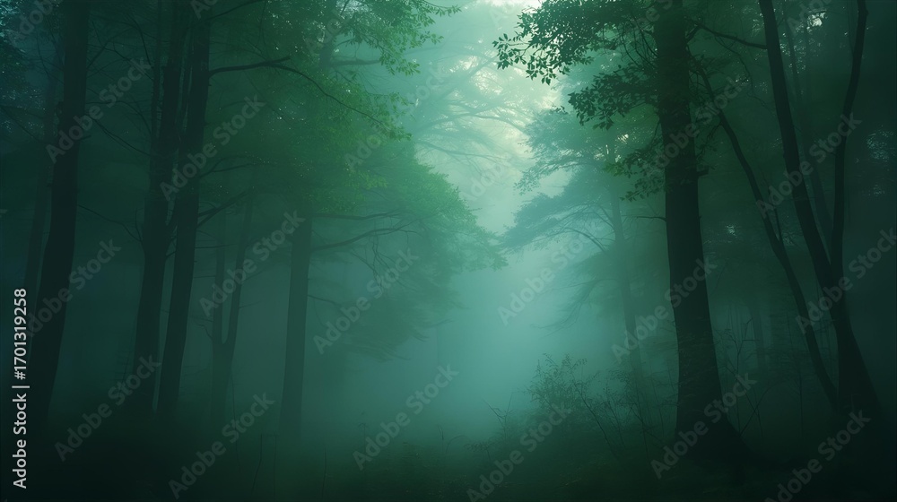 Naklejka premium Enigmatic Fog-Shrouded Forest Path A Mystical Journey into the Woods