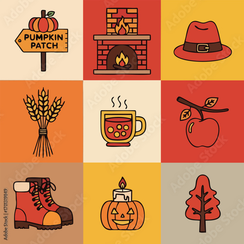 Autumnal charm: vector icons celebrating fall harvest and cozy traditions in vibrant hues