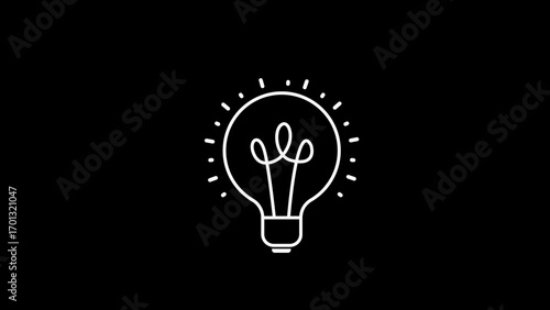 Outline Light Bulb Icon with Glowing Rays on Black Background idea innovation
