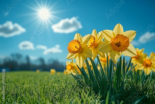 Yellow daffodils and other blossoms stand tall in a vibrant green meadow under a clear blue spring sky