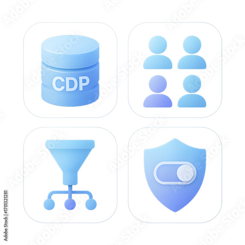 Customer Data Platform CDP glassmorphism icons 2x2 set transparent background isolated cut out PNG user segmentation data funnel privacy consent shield