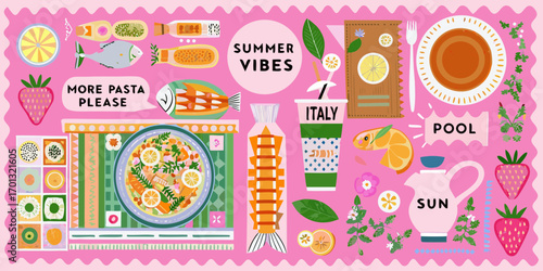 Vibrant summer vibes collage featuring italian food fruits and poolside elements