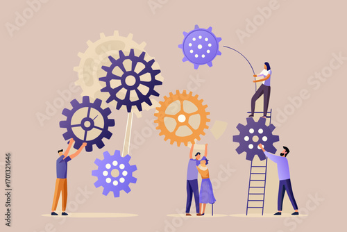 Diverse team of people working together to assemble interlocking gears representing collaboration and teamwork