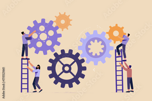 Teamwork and collaboration building a complex system with interlocking gears and ladders