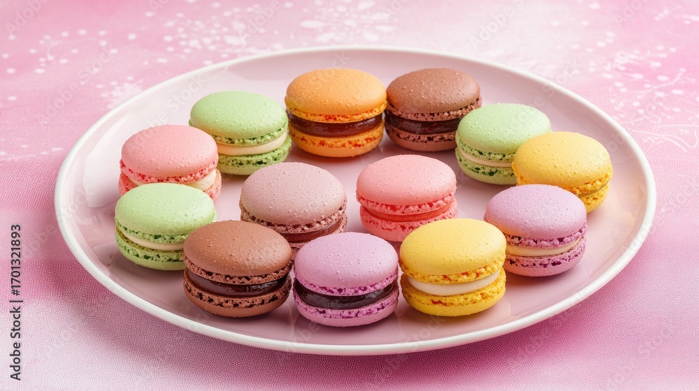 Obraz premium A plate of colorful macarons arranged neatly on a pastel background.