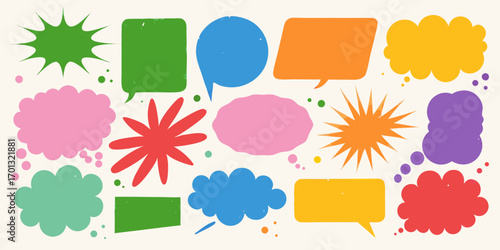 Collection of colorful hand drawn speech bubbles and thought clouds in various shapes and sizes