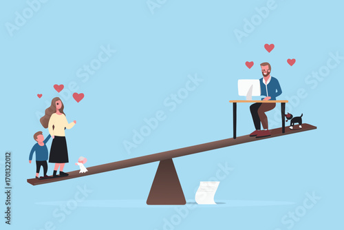Balancing work and family life on a seesaw with hearts representing love and connection
