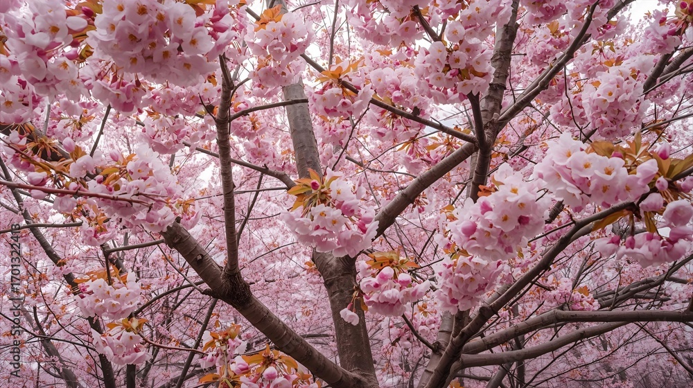 Fototapeta premium Looking up into a beautiful canopy of delicate pink cherry blossom flowers blooming abundantly in the springtime