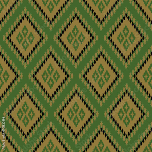  The second pattern is a geometric textile with a diamond grid of mint green and peach, accented by black stitched-like details, giving it a folk or tribal feel.