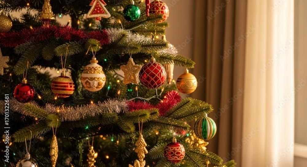 Fototapeta premium Decorated Christmas tree with colorful ornaments and garland, near window
