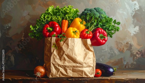 A paper bag filled with a vibrant assortment of fresh vegetables, including peppers, carrots, broccoli, lettuce, and herbs, sits on a rustic wooden surface against a textured backdrop.