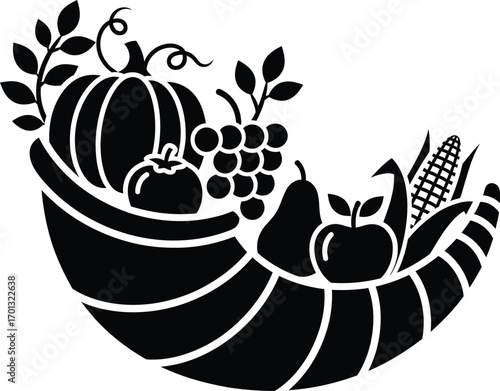 Cornucopia Harvest Horn Silhouette with Fruits and Vegetables Vector