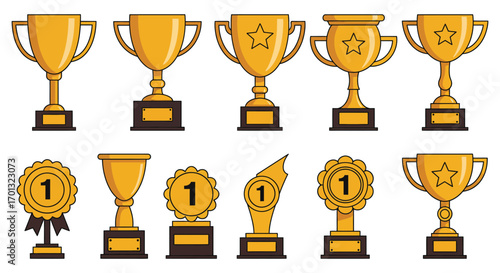 golden trophies and awards displayed in various shapes and sizes
