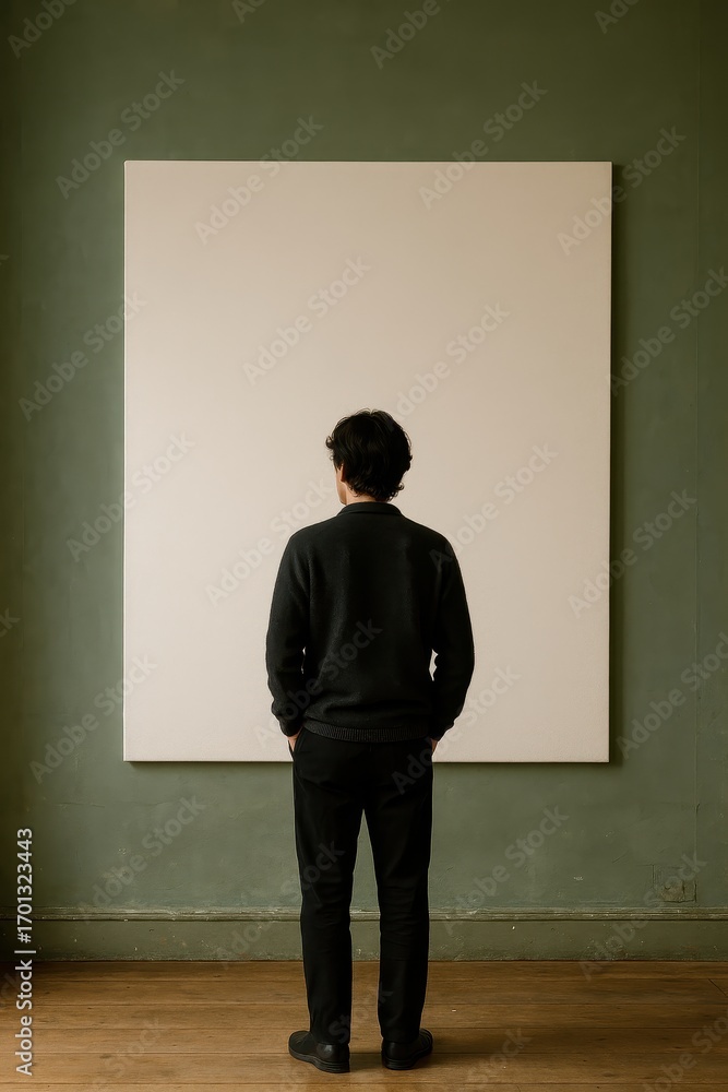 Obraz premium Solitary Reflection: A lone figure stands contemplating a blank canvas, their back to the viewer, invoking a sense of introspection and the potential for artistic creation.