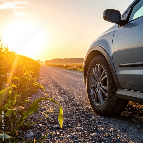 Scenic country road at sunset with a car