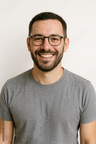 Wallpaper Mural Portrait of a Smiling Man: A head-and-shoulders portrait of a smiling man with glasses and a beard, embodying approachability and a positive vibe. Torontodigital.ca
