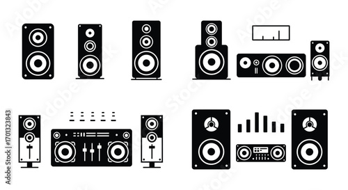 various audio equipment setups including speakers and sound systems