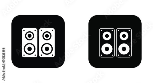 two black square speakers with white circles inside them