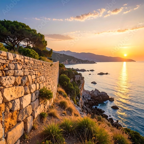 A stone wall winds along a coastal clifftop at sunrise, bathed in warm golden light.