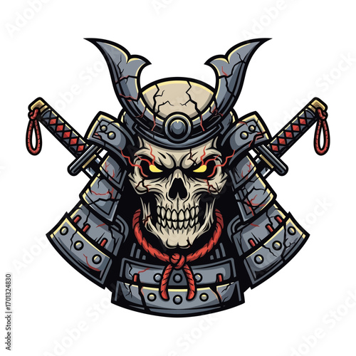 Undead samurai warrior skull with a helmet and crossed katana swords in a vector illustration style