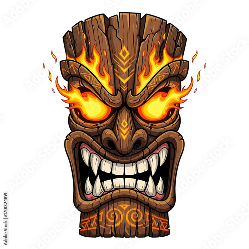 Intense Fiery Tiki Mask Vector Illustration with Glowing Eyes