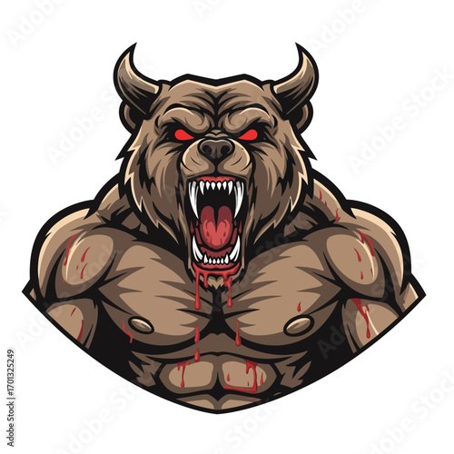 Aggressive muscular horned bear mascot roaring with rage and covered in blood