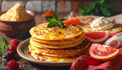 A delectable stack of golden pancakes drizzled with honey, garnished with fresh herbs, and accompanied by vibrant grapefruit slices, raspberries, and a touch of spice.