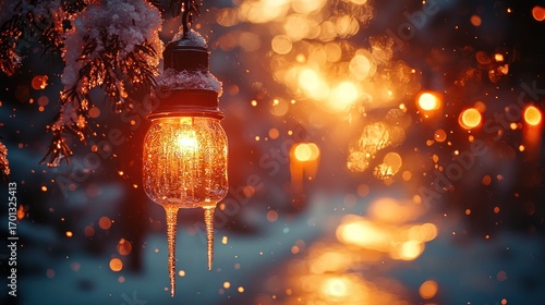 Glowing mason jar lantern hanging on snow-covered tree branch with icicles, bokeh lights background.