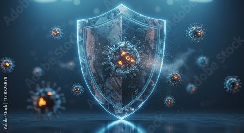 Conceptual illustration of the immune system's defense mechanism, with a glowing shield providing protection against viral pathogens