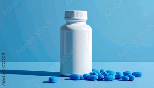 A white plastic bottle with a light-blue cap and a collection of similarly colored pills rest on a bright-blue surface.