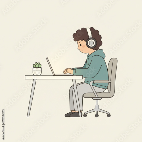 A male character in a cozy hoodie and headphones concentrating on his laptop screen, concept of remote work, study, or freelancing