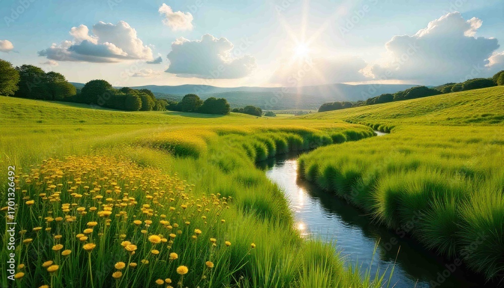 Obraz premium Serene Meadow Landscape with River and Yellow Flowers Beautiful Nature Scene