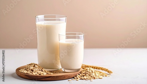 Two Glasses of Oat Milk with Oats on Wooden Tray