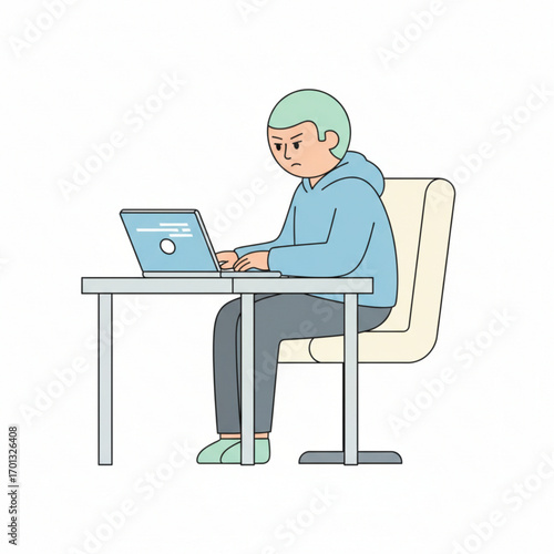 Vector illustration of a focused young man sitting at a desk and intensely working on a laptop computer with a serious expression
