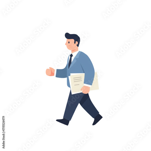 A confident businessman in a stylish blue suit walks purposefully while carrying important documents in a folder, isolated vector illustration