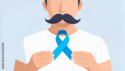 Man with a mustache holding a light blue ribbon, symbolizing prostate cancer awareness and Movember men's health campaign
