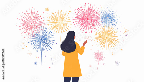 Woman from behind enjoying a vibrant firework display against a white background. Vector illustration concept for celebration, holidays, and festive events