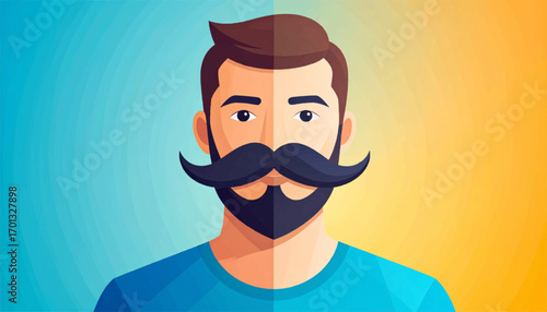 Modern man character with a prominent mustache and beard. Graphic avatar icon concept showing duality with a split color background