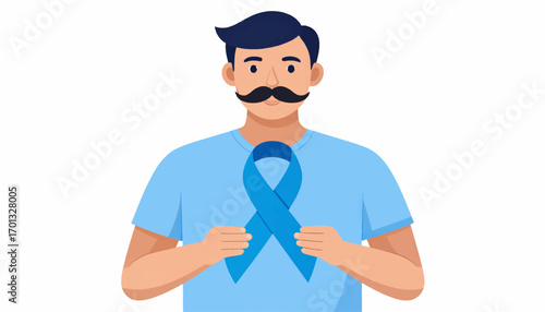 Man with a mustache holding a blue ribbon over his chest, symbolizing men's health awareness, prostate cancer support, and Movember campaigns for vital medical research and prevention