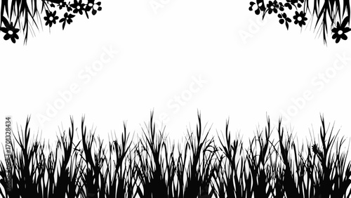 Vector silhouette of grass and flowers in black and white creating a nature scene with a white background area
