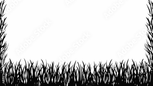 Vector silhouette of dense grass at the bottom and sparse branches on the sides forming a frame on white background