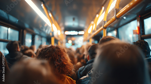 A crowded public bus interior capturing the hustle and bustle of daily commutes in modern urban settings.