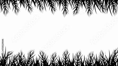 Vector silhouette of grass at the bottom and hanging leaves at the top creating a frame on white background