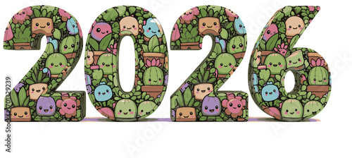 Whimsical 2026 numbers adorned with cute potted plants and smiling faces.