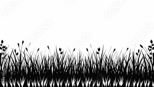 Vector silhouette of grass and plants with leaves and buds against a white background creating a nature scene