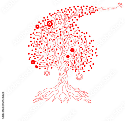  'Tree of Life,' featuring deep red foliage and glowing, ornate fruit. The twisted trunk and sprawling roots form a captivating, organic shape