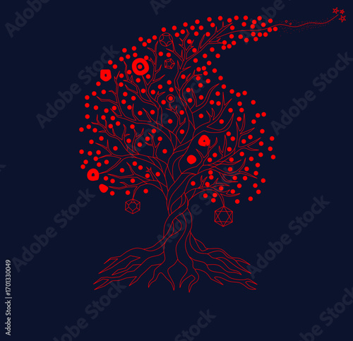  'Tree of Life,' featuring deep red foliage and glowing, ornate fruit. The twisted trunk and sprawling roots form a captivating, organic shape