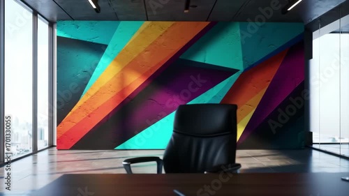 Colorful abstract wall art decorates a modern office space.
