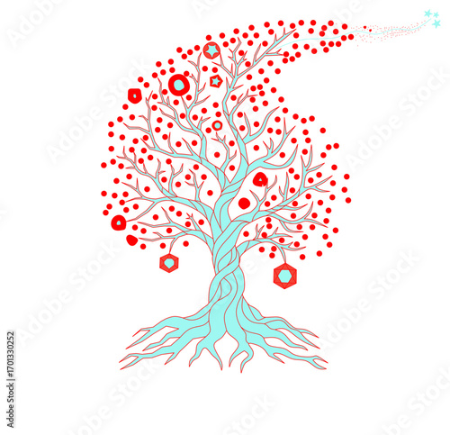  'Tree of Life,' featuring deep red foliage and glowing, ornate fruit. The twisted trunk and sprawling roots form a captivating, organic shape